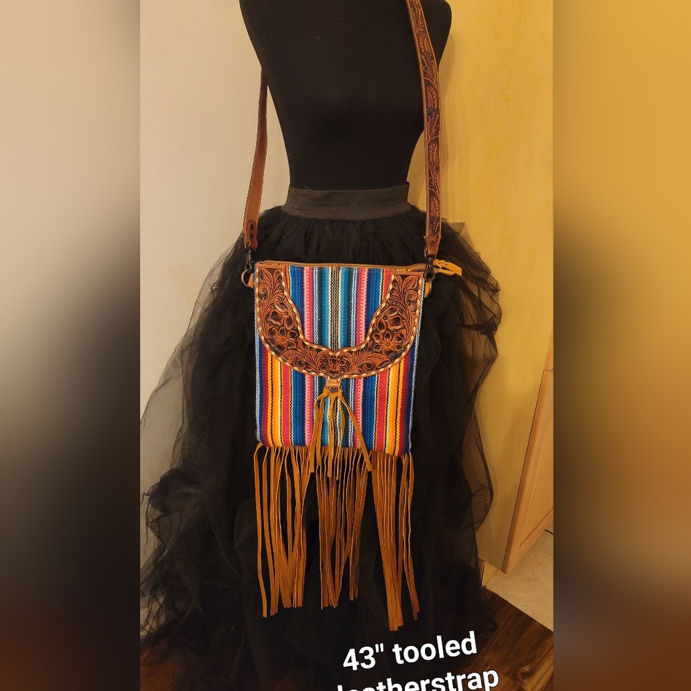 American Darling wool Indian blanket/serape hand tooled crossbody purse handbag